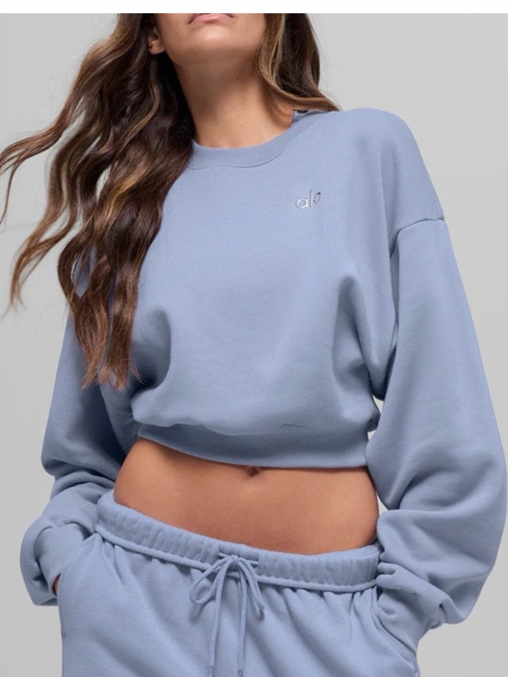 NWT ALO Yoga Light Blue Cropped Crew Sweatshirt. Winter Frost color